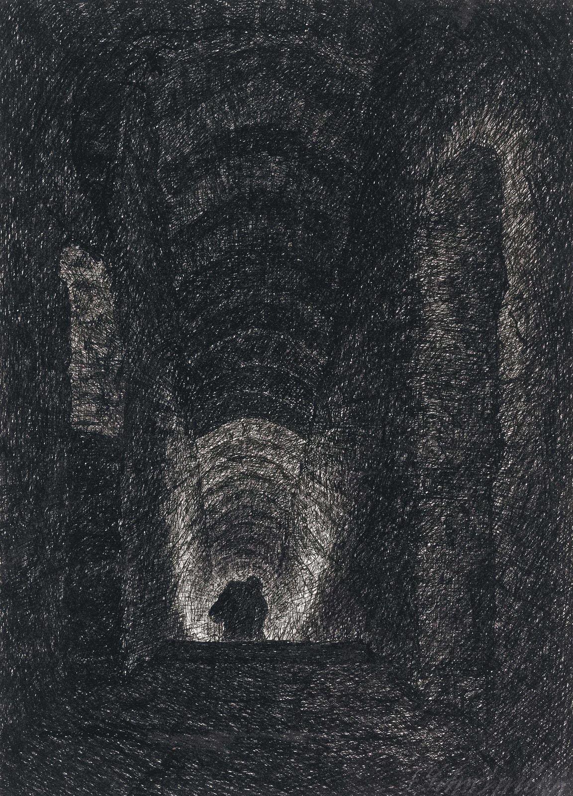 A dark ink drawing of a stone vaulted corridor and descending staircase. An enigmatic silhouetted figure approaches up the stairs.